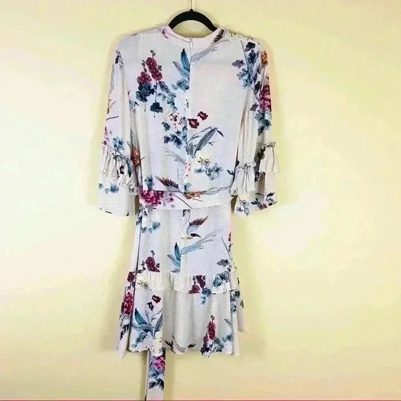 Label Of Love Floral Bird Peasant Ruffle High Neck Tie Waist Mini Dress Size 10 - Picture 9 of 15